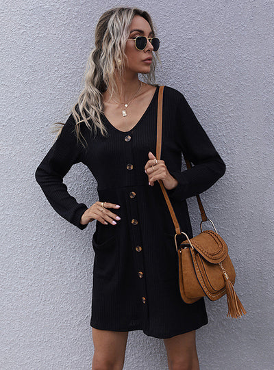 Loose Long-sleeved Slim V-neck Knitted Dress