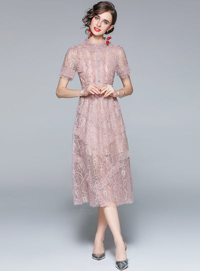 Heavy Embroidery Lace Lapel Fauze Dress