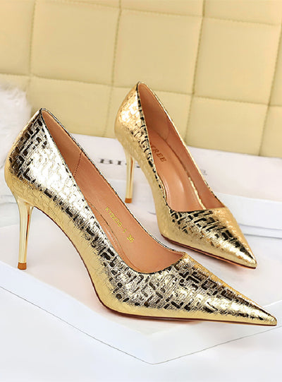Shallow-pointed Metal Embossed High Heeled Shoes