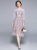 Lace Lantern Sleeve Gauze Embroidered Purple Dress