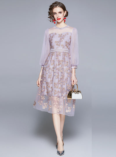 Lace Lantern Sleeve Gauze Embroidered Purple Dress
