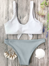 Women Swimsuit Sexy Low Waisted Solid Pullover Knot