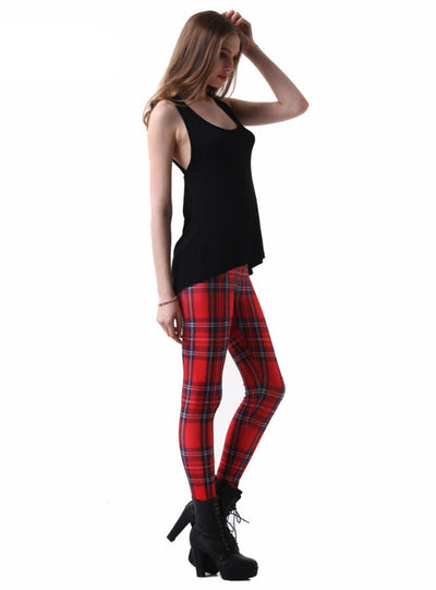 Slim Designed Digital Printed Milk Tartan Red Leggings 