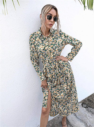 Floral Flower Print Long Sleeve Womens Dress
