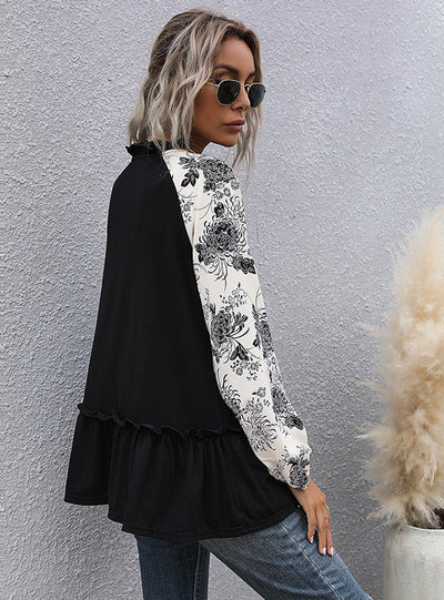 Black V-neck Pullover Long Sleeve Spliced T-shirt