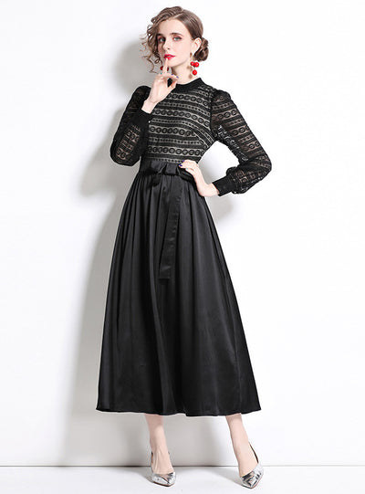 Retro Lace Stitching Bubble Sleeve Dress