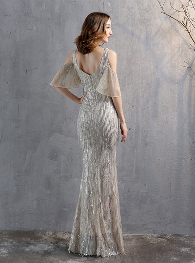 Fringed Sequined Fishtail Evening Dress
