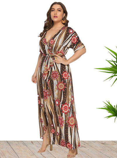 V-neck Printed Split Beach Holiday Dress
