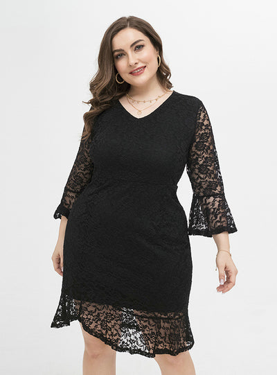 Irregular Long Sleeve Sexy Slim Black Lace Dress