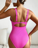 V-neck Metal Ring One-piece Hollow Solid Color Swimsuit