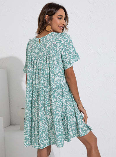 Round Neck Floral Lotus Leaf Sleeve Loose Dress