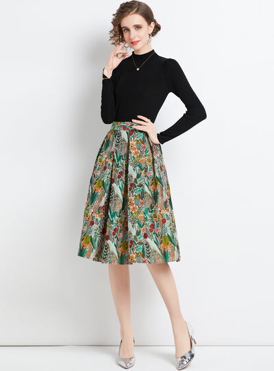 Knitted Jacquard Print Skirt Two-piece Suit