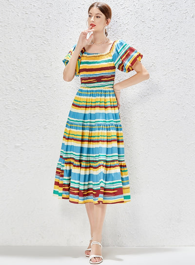 Square Collar Waist Slim Rainbow Holiday Dress
