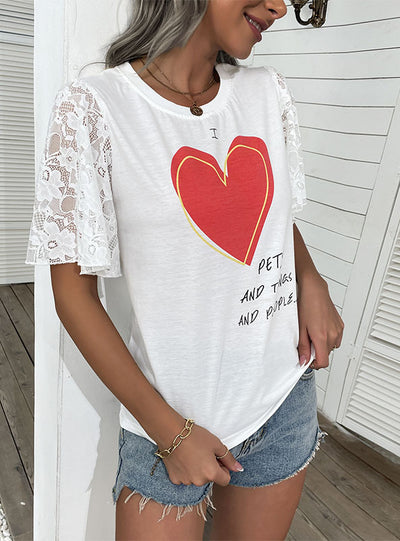 Lace Printed Blouse Short Sleeve T-shirt