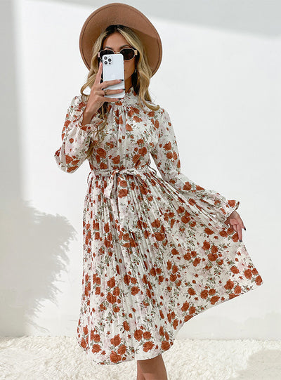 Trumpet Sleeve Floral Long Sleeve Dress