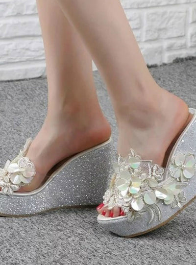 Beaded Flowers Platform Wedges Women Slippers