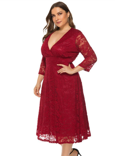 Big Hollow Red Lace Long Sleeve Dress