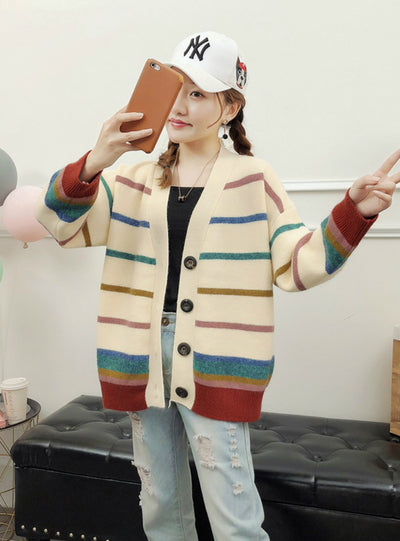 Loose Sweater Long Stripe Knit Cardigan For Women
