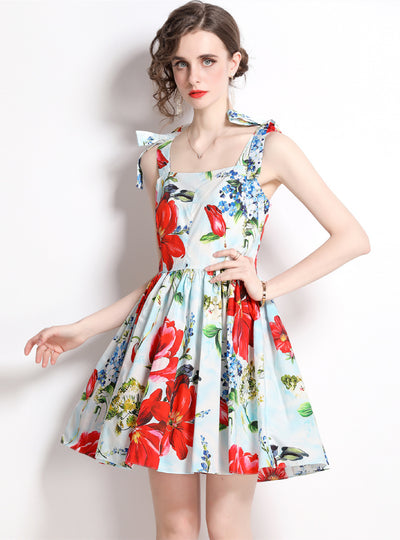 Retro Flower Print Slim Bow Dress