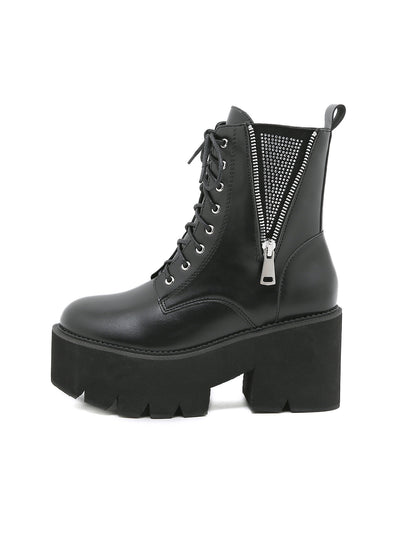 Thick Heel Zipper Rhinestone Martin Boots