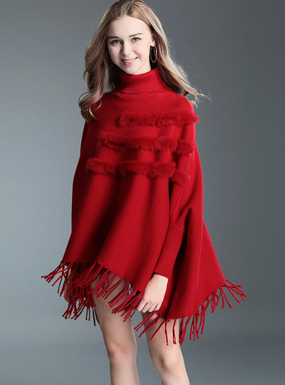 Fringed Cape Shawl Female Bat Sleeve Sweater