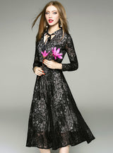 Black Lace Dress Full Sleeve Slim Calf Length