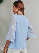 Solid Color Pullover Neck Printed Chiffon Blouse