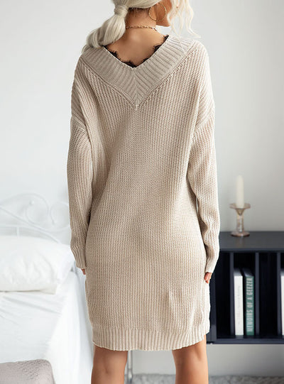 V-neck Lace Stitching Sweater Dress