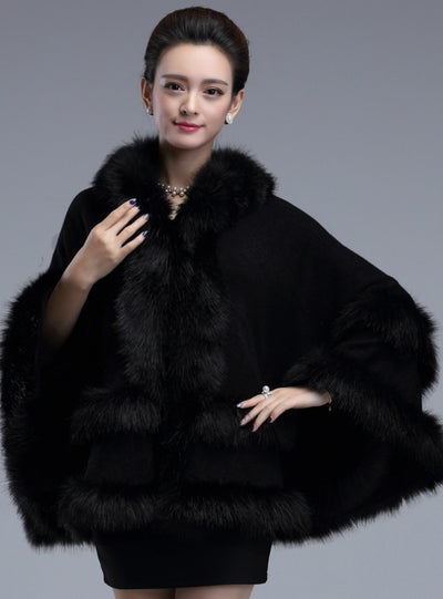 Knitted Shawl Cardigan Hooded Fur Shawl Cape