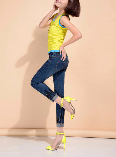 High Waist Sequin Ankle Length Skinny Jeans