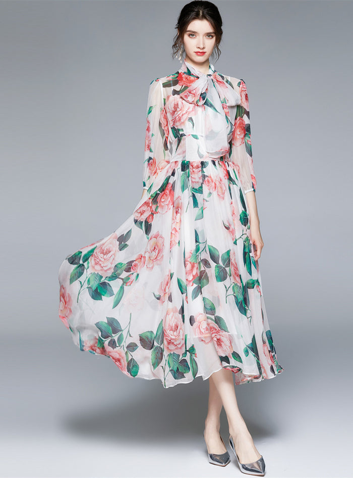 Holiday Vintage Scarf Printed Chiffon Dress