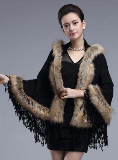 Women Hat Fringed Fur Cloak Cardigan