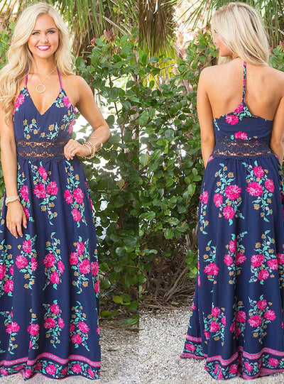 Women Floral Print Dress Strappy Backless Maxi Dresses