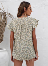 Loose V-neck Lotus Leaf Sleeve Printed Chiffon Shirt