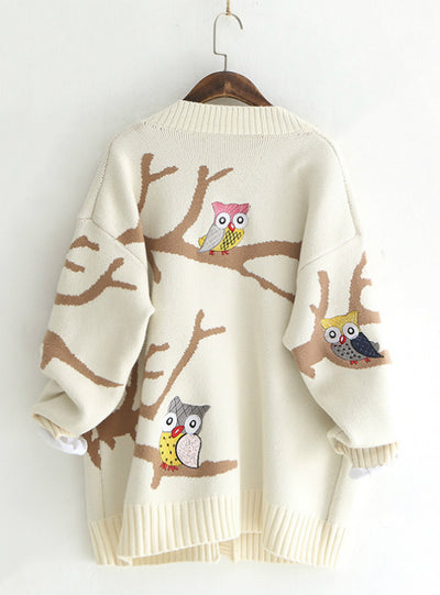 Sweater Owl Embroidered Loose Knit Cardigan
