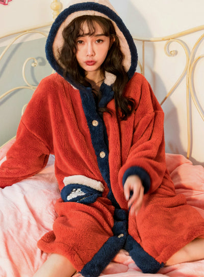 Red Pajamas Women's Thick Coral Fleece Robe Long