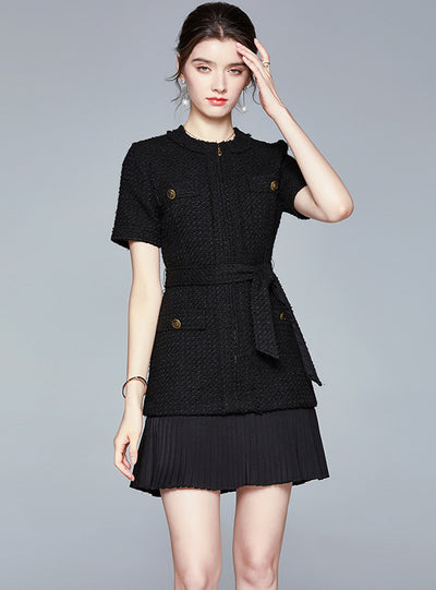 Tweed Waist Short Sleeve Pleated Dress