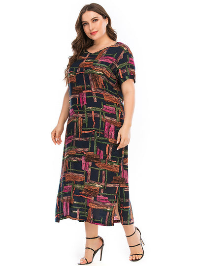 Casual Printed Split V-neck Short Sleeve Dress