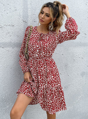 Long Sleeve Lace-up Vintage Print Dress