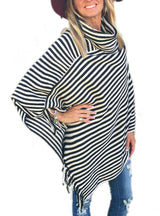 Oblique Striped High Necked Fringed Cape Shawl Sweater