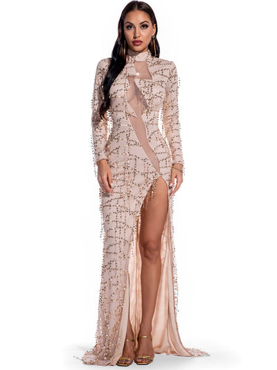Retro Long Sleeve Perspective Sequined dress