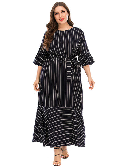 Trumpet Collar Sleeve Striped Printed Stitching Dress