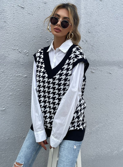 Thousand-bird V-neck Knitted Sleeveless Vest