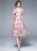 Pink Bubble Sleeve Square Mesh Embroidery Dress