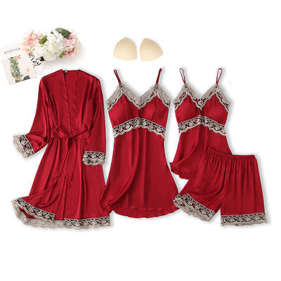 Silk-like Pajamas Four-piece Sling Long Sleeve Nightgown