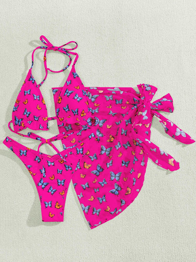 Butterfly Printed Gauze Skirt Three-piece bBikini