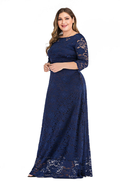 Large Size 3/4 Sleeve Long Lace Dress
