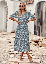 Silm Waist Round Neck Printed Dress