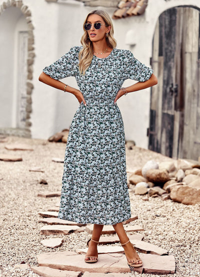 Silm Waist Round Neck Printed Dress