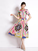 Printed Pleated Short Sleeves Dress
